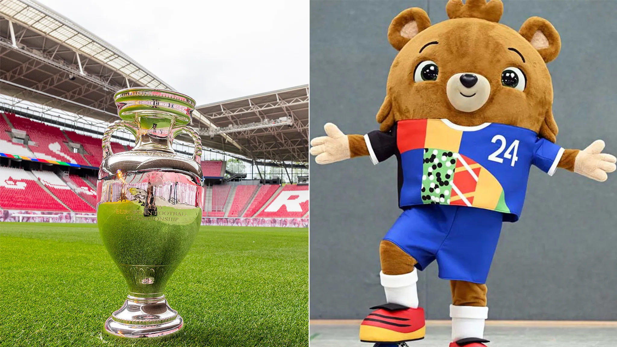 The Henri Delaunay Cup and European Championship mascot Albärt.