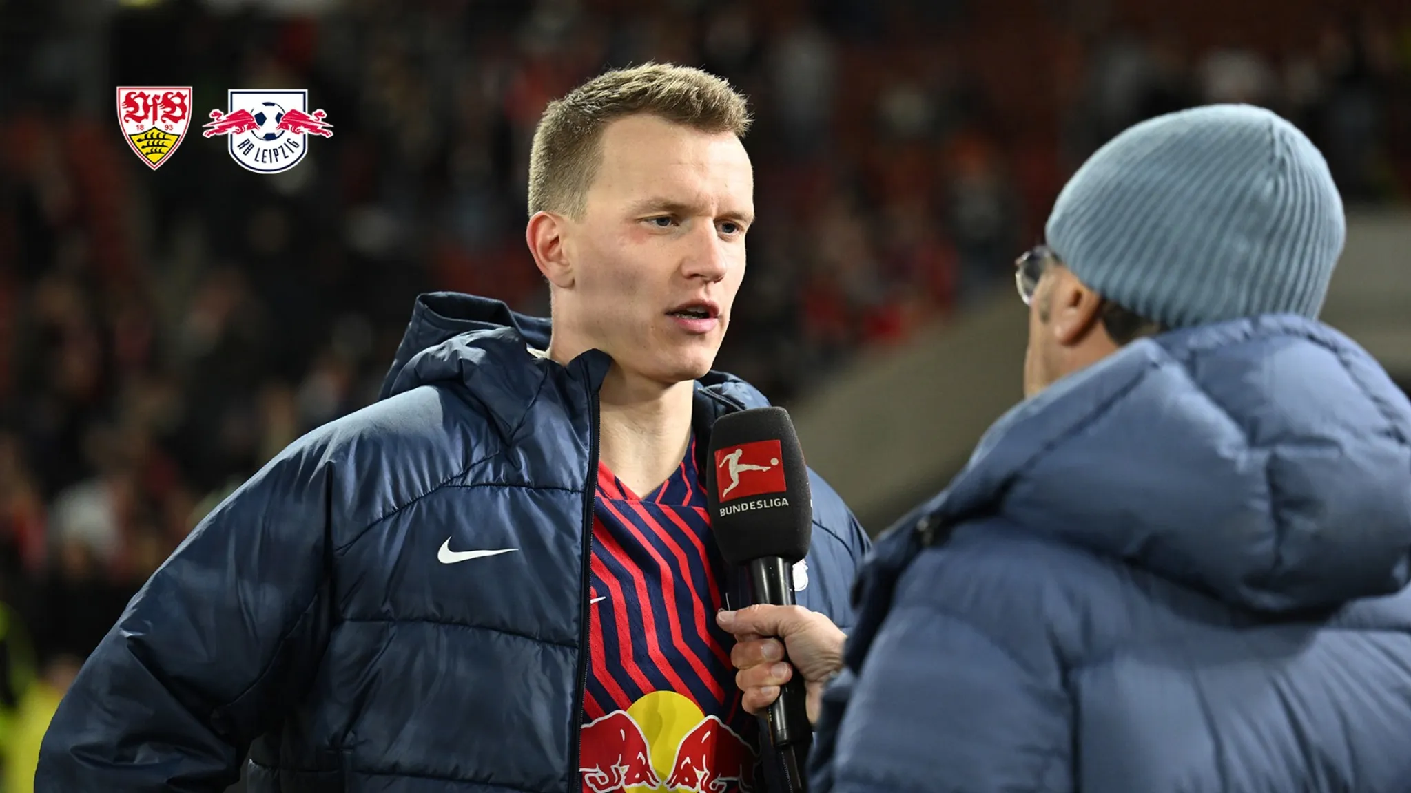 Lukas Klostermann speaks to the press after the defeat at VfB Stuttgart.
