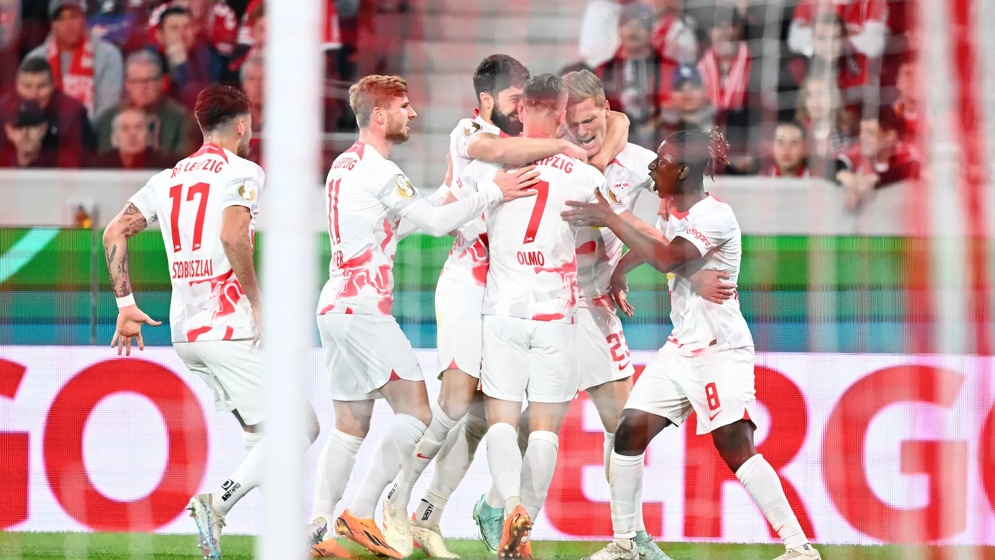 RB Leipzig celebrate a goal vs SC Freiburg.