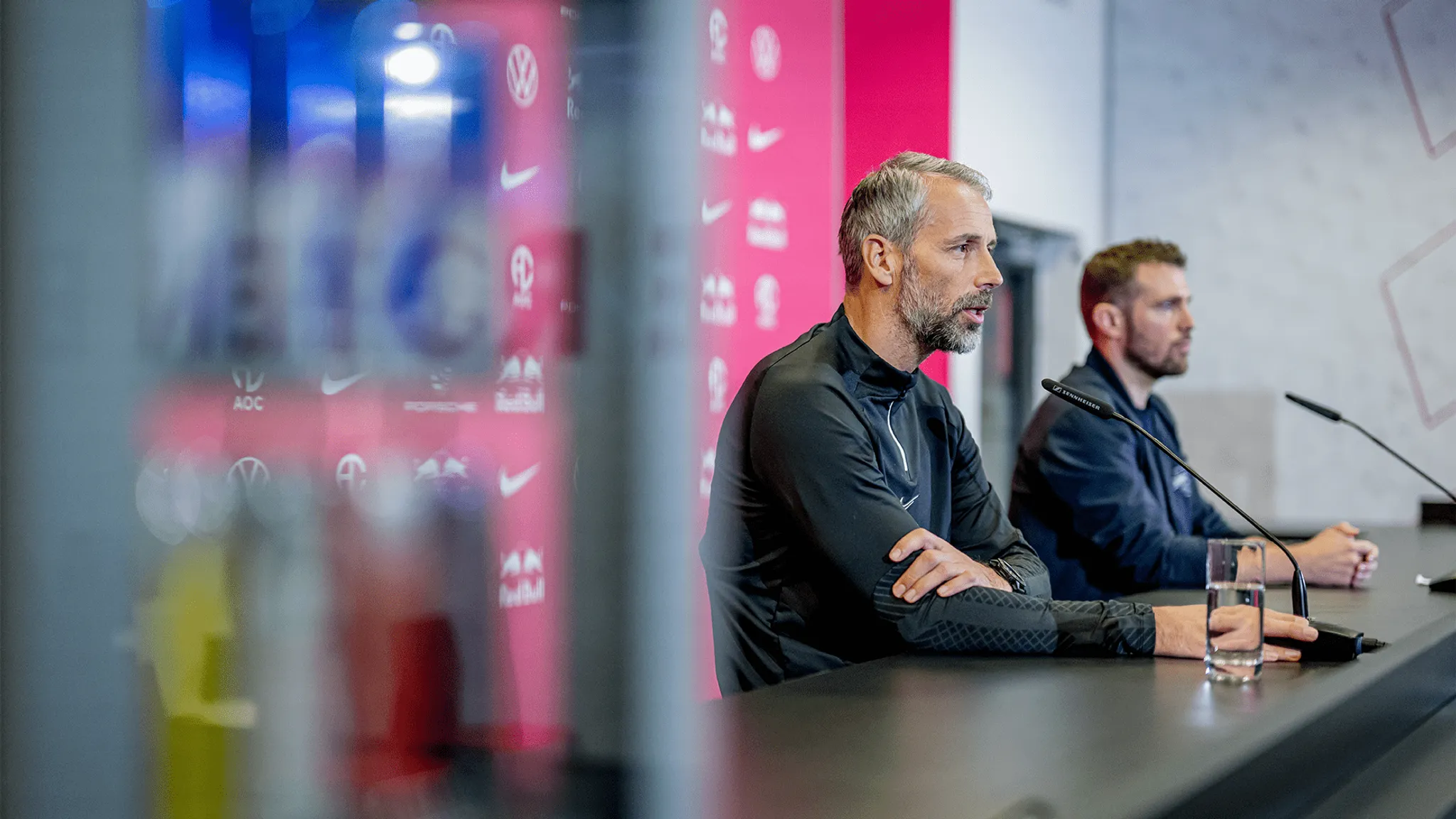 Marco Rose and RBL spokesman Till Müller at RB Leipzig's press conference.