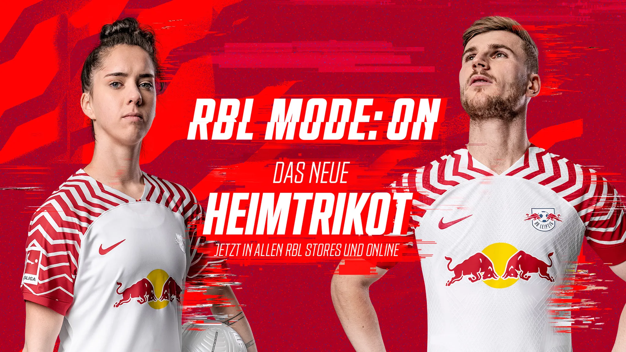 RBL-Mode ON: Barbara Brecht und Timo Werner im neuen Heimtrikot von RB Leipzig.