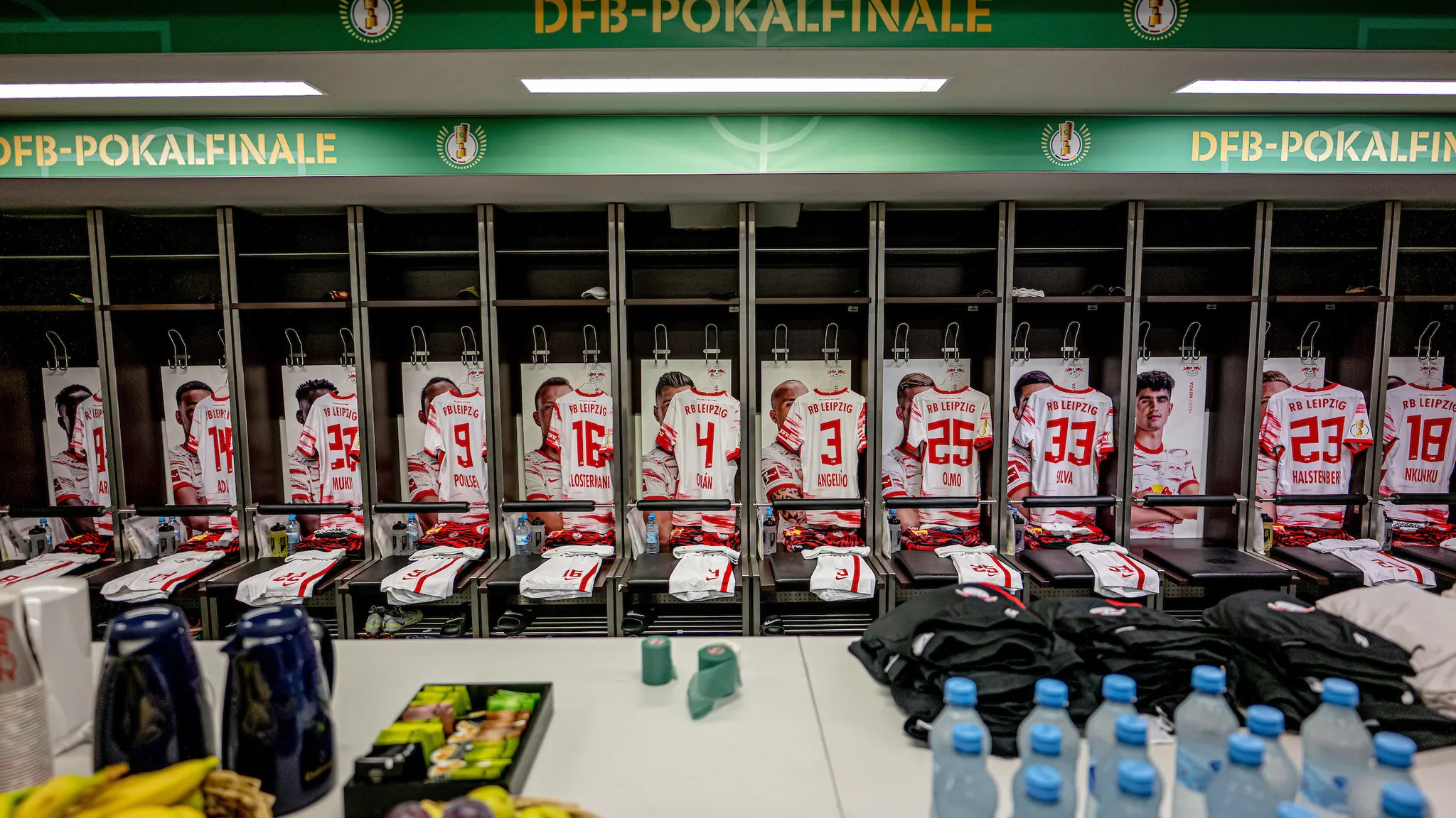 The RB Leipzig kits hanging up in the dressing room before the 2022 DFB-Pokal final in Berlin.