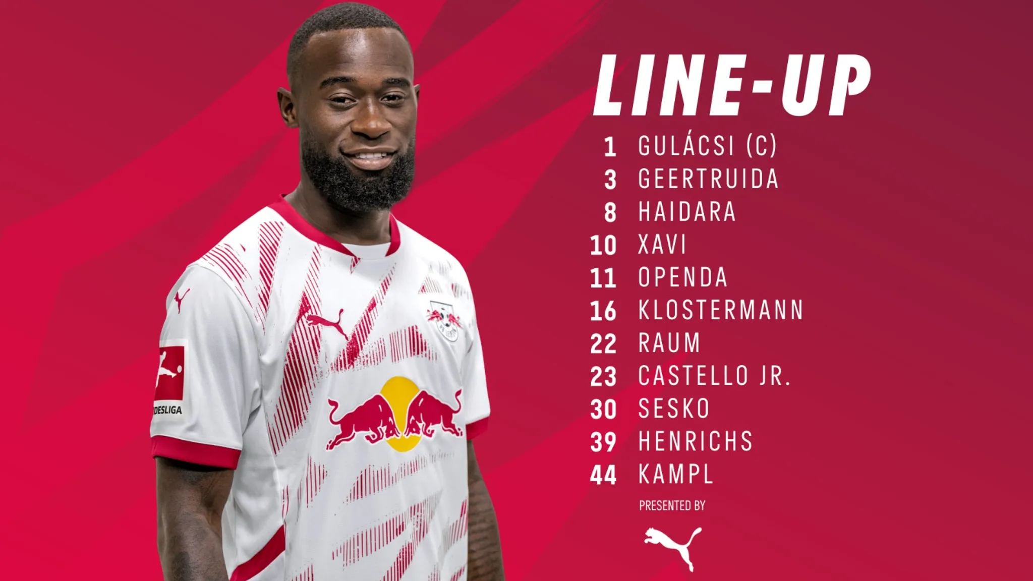 Die Startelf der Roten Bullen am 3. Spieltag gegen Union Berlin, erstmals mit Neuzugang Lutsharel Geertruida.