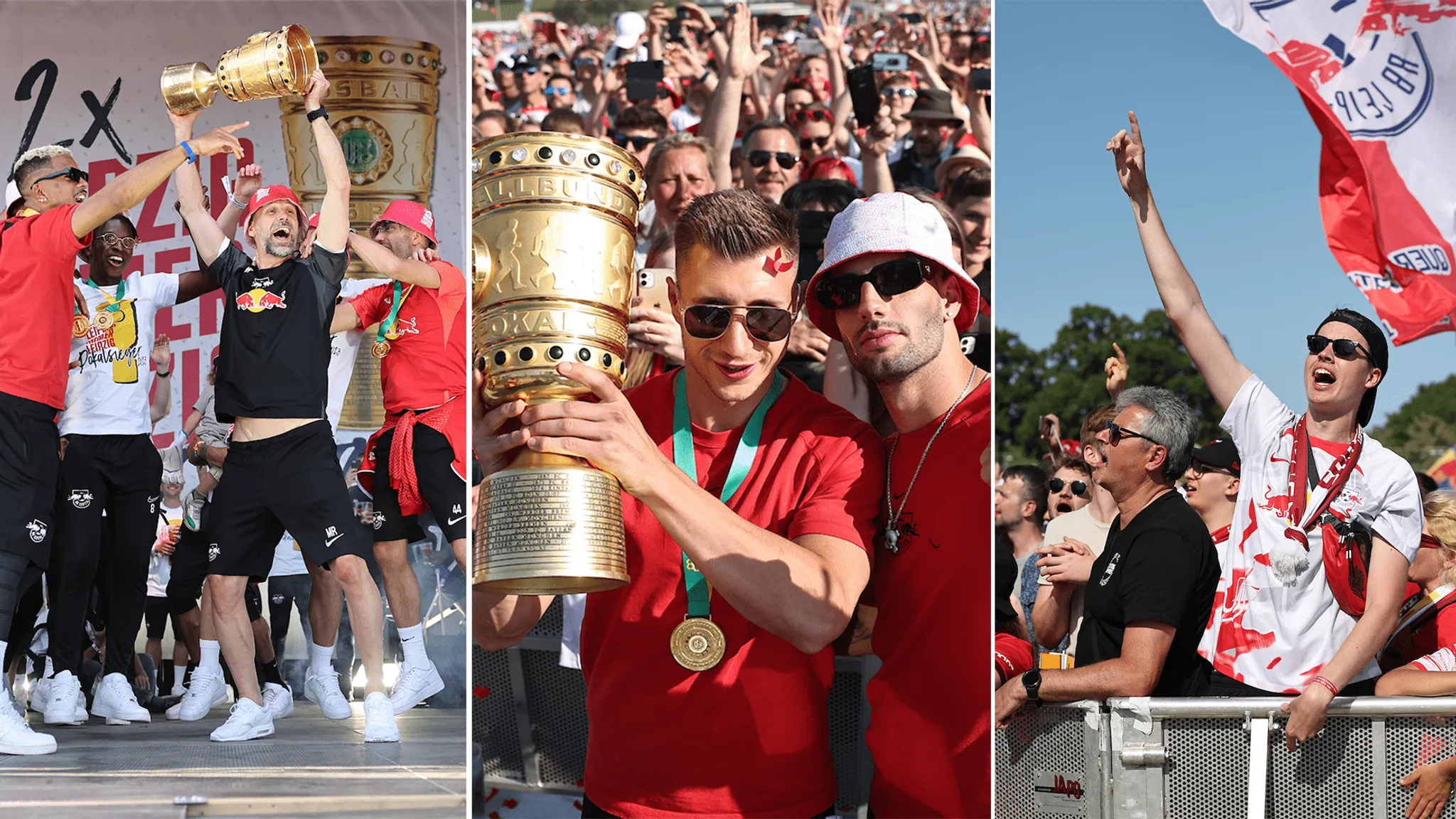 Marco Rose, Willi Orban, Dominik Szoboszlai und RBL-Fans freuen sich über den DFB-Pokalsieg.