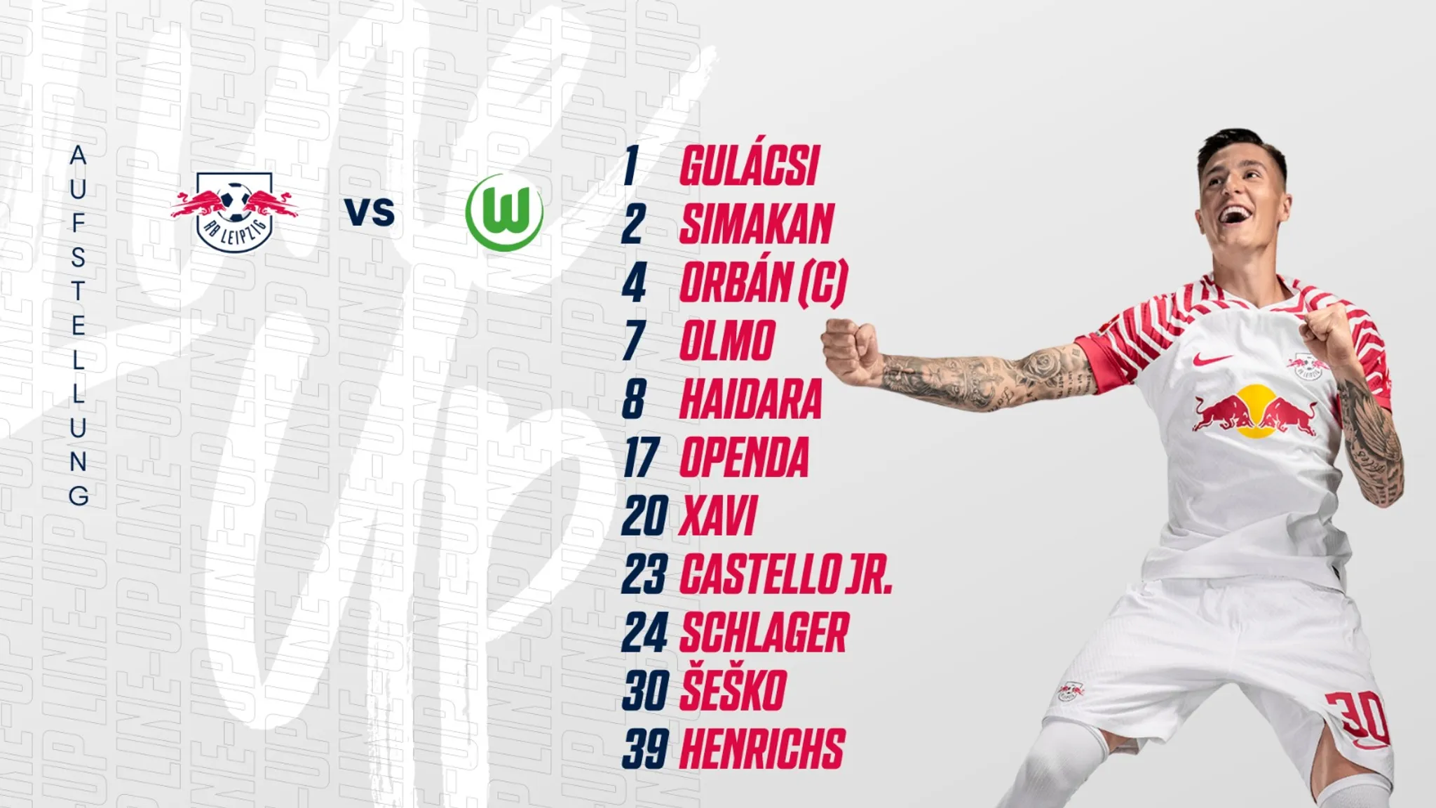 Mit dieser Aufstellung startet RB Leipzig gegen den VfL Wolfsburg.