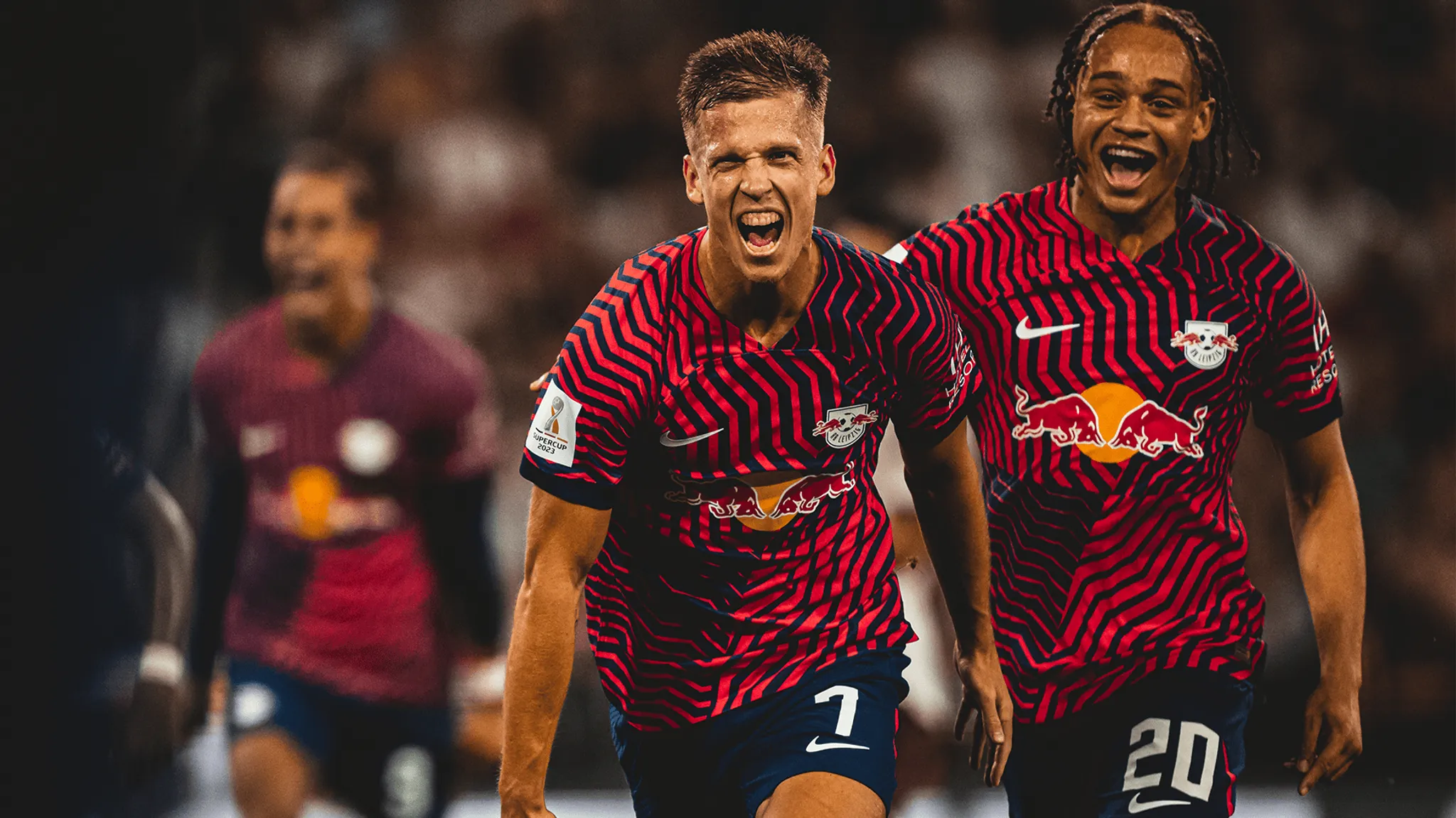 Dani Olmo celebrates scoring the first of his three goals against FC Bayern in the Supercup.