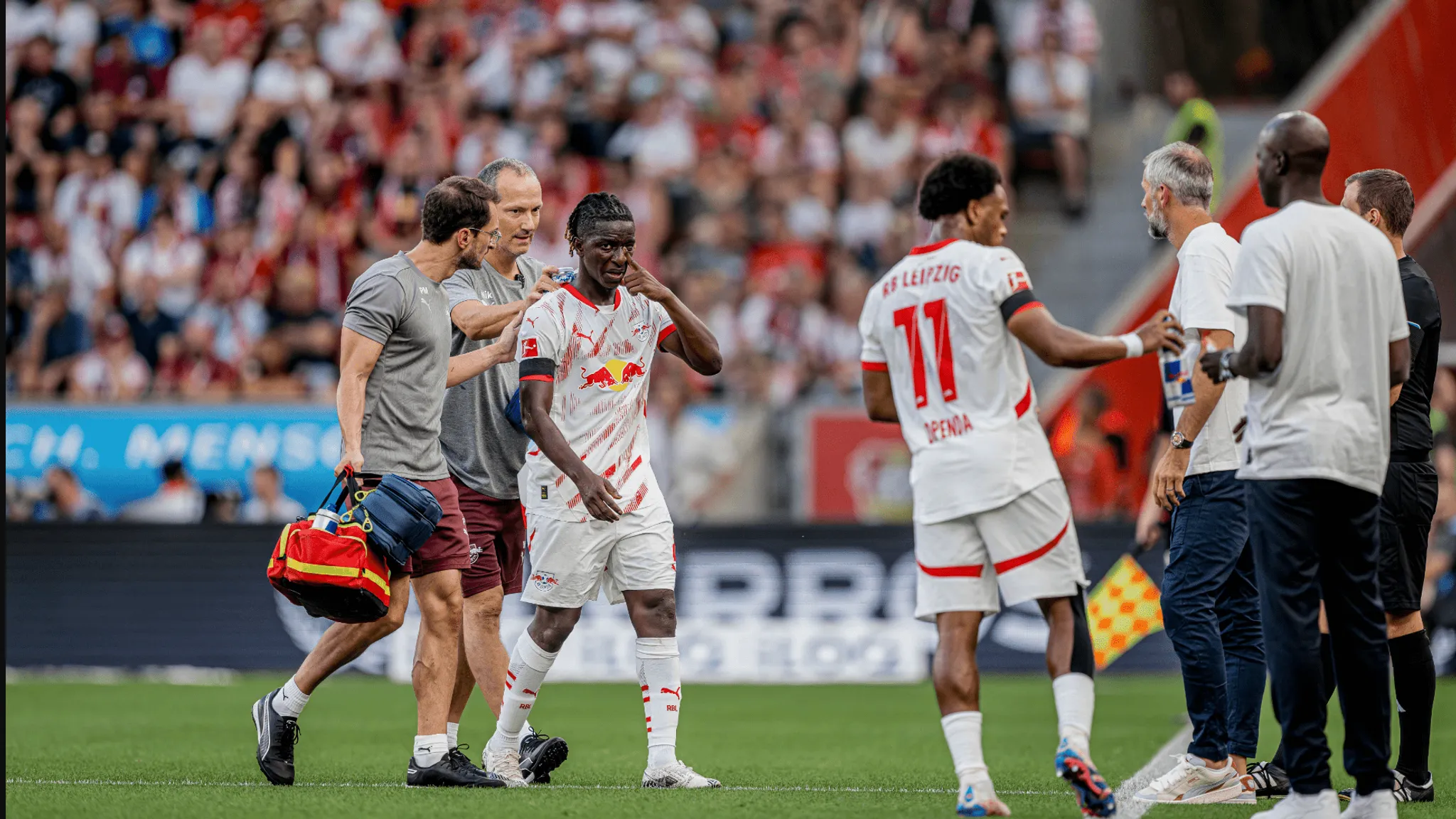 Amadou Haidara left the game in Leverkusen after a hard knock to the head.