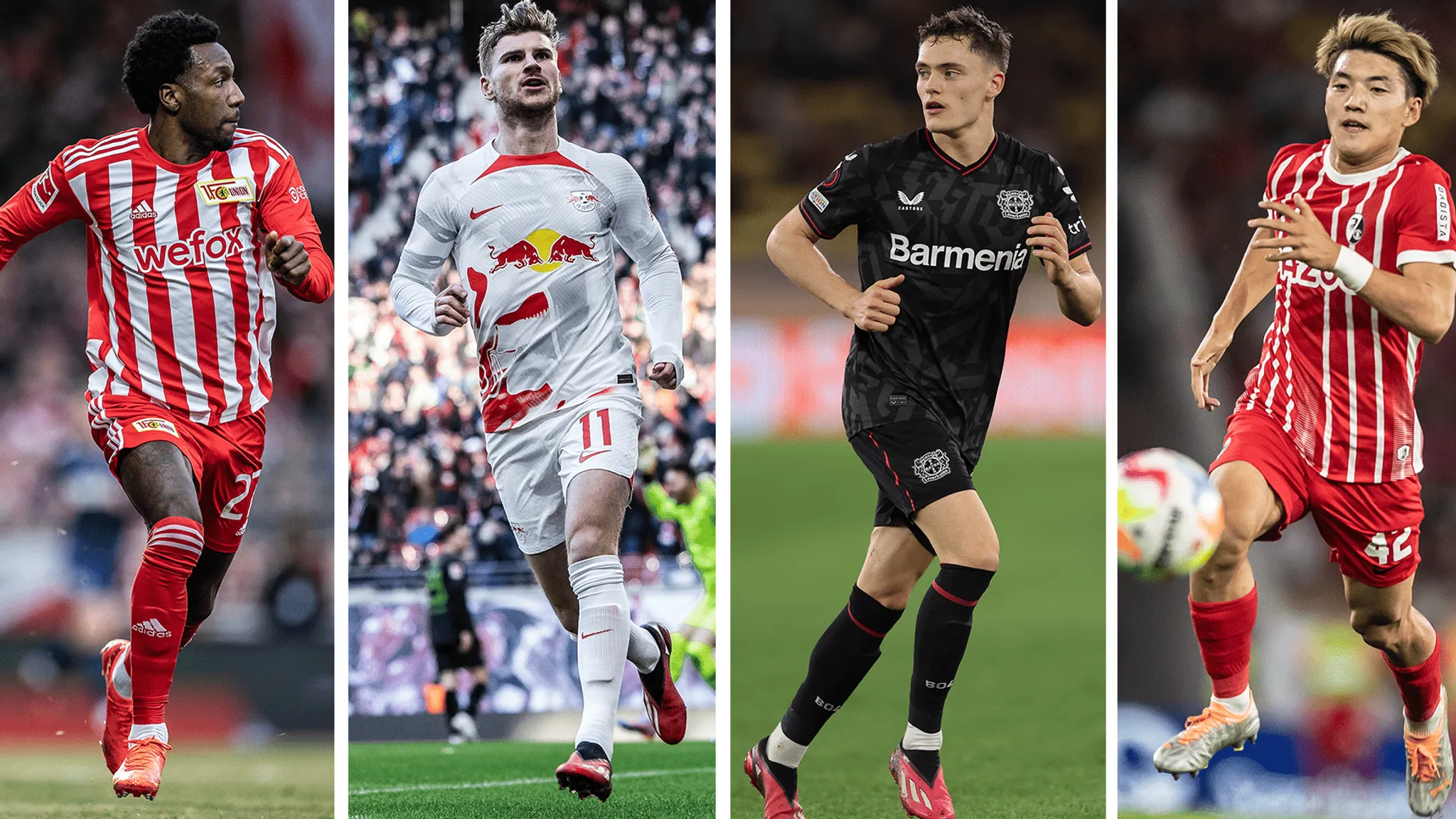 Sheraldo Becker von Union Berlin, Timo Werner von RB Leipzig, Florian Wirtz von Bayer Leverkusen und Ritsu Doan vom SC Freiburg