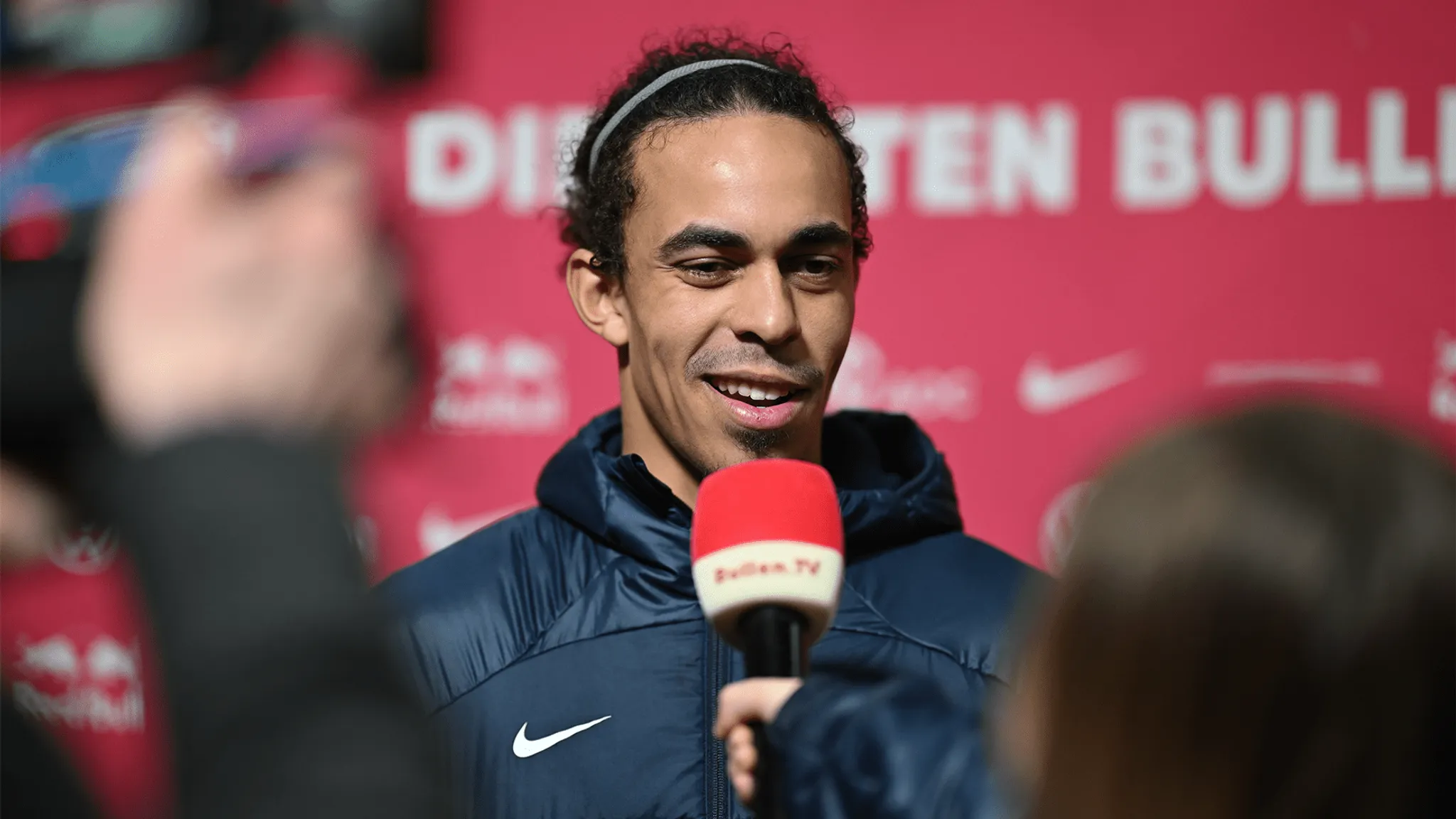Yussuf Poulsen does an interview with Bullen TV after the home win.