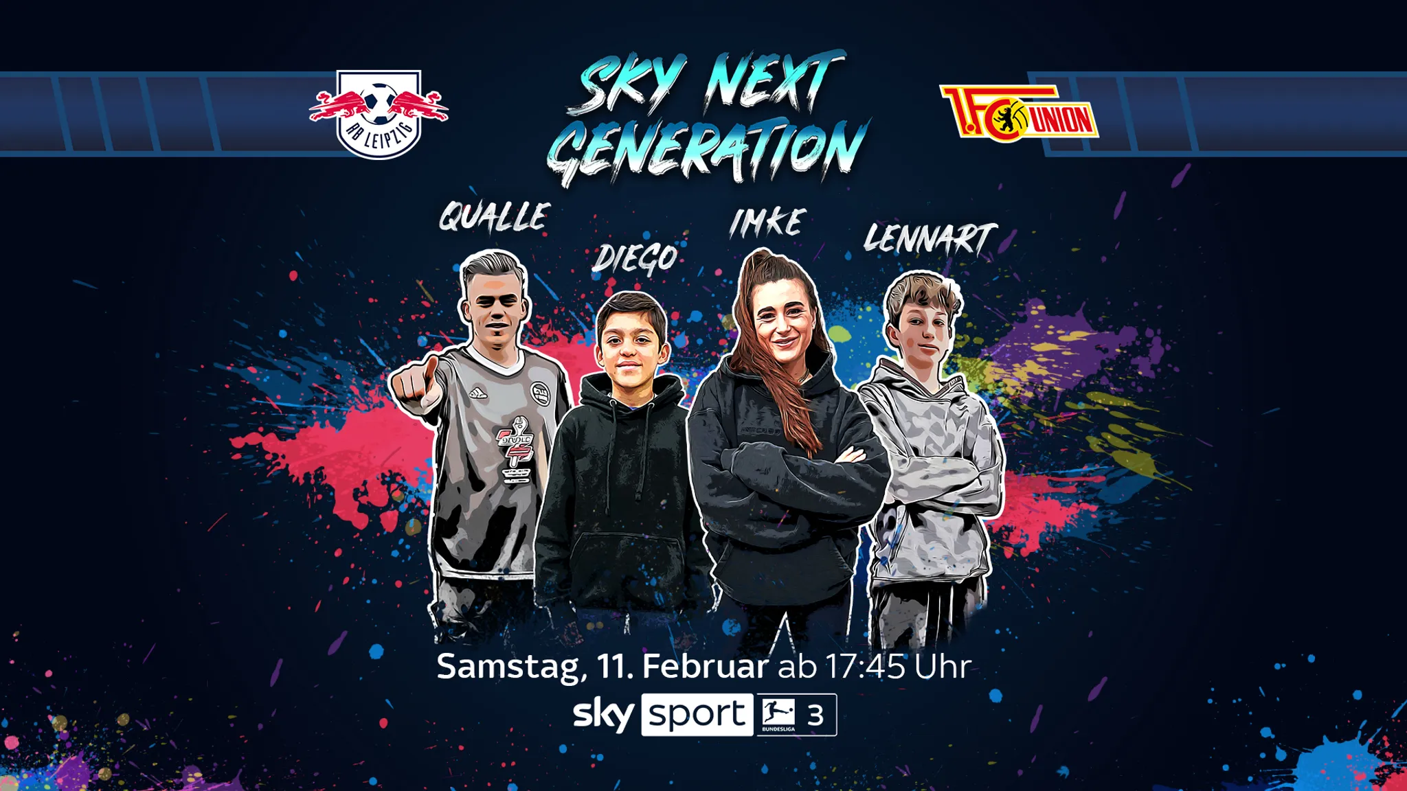 Sky Next Generation Übertragung beim Topspiel RB Leipzig vs. Union Berlin in der Red Bull Arena mit Imke Salamander und Pascal „Qualle“ Martin.